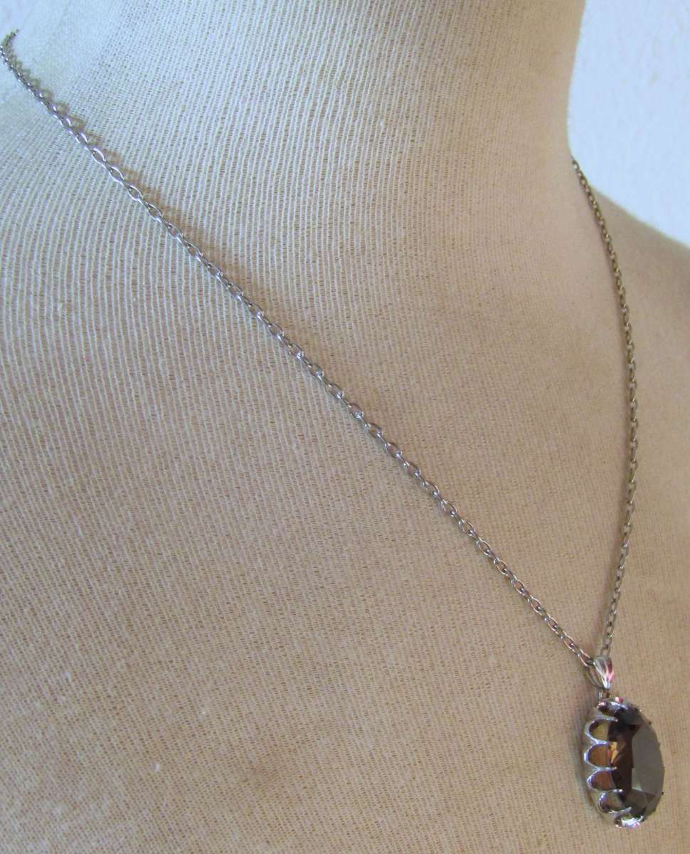 Vintage Oval Sterling Silver Faceted Smoky Quartz Pendant with Silver Tone Chain