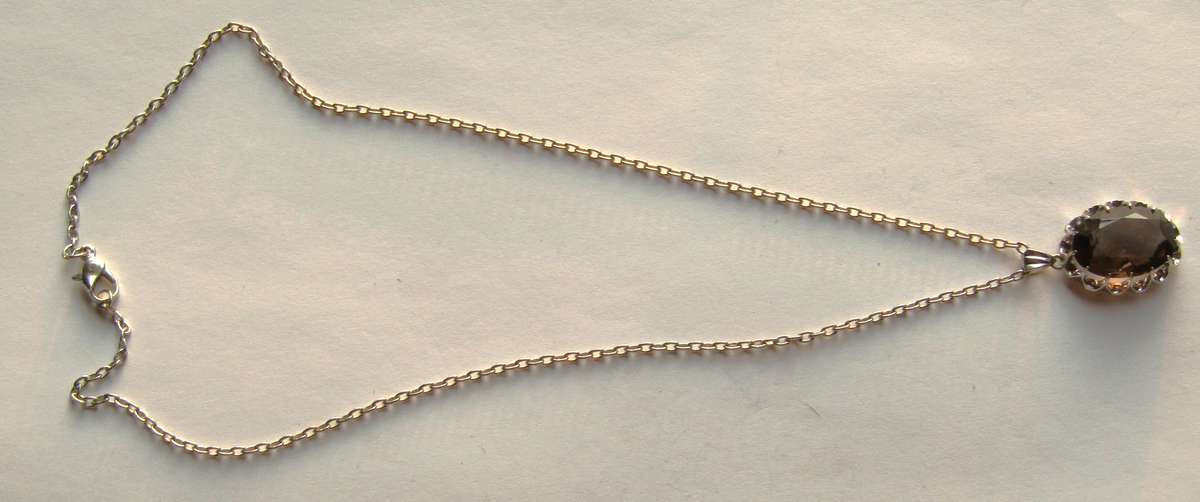 Vintage Oval Sterling Silver Faceted Smoky Quartz Pendant with Silver Tone Chain