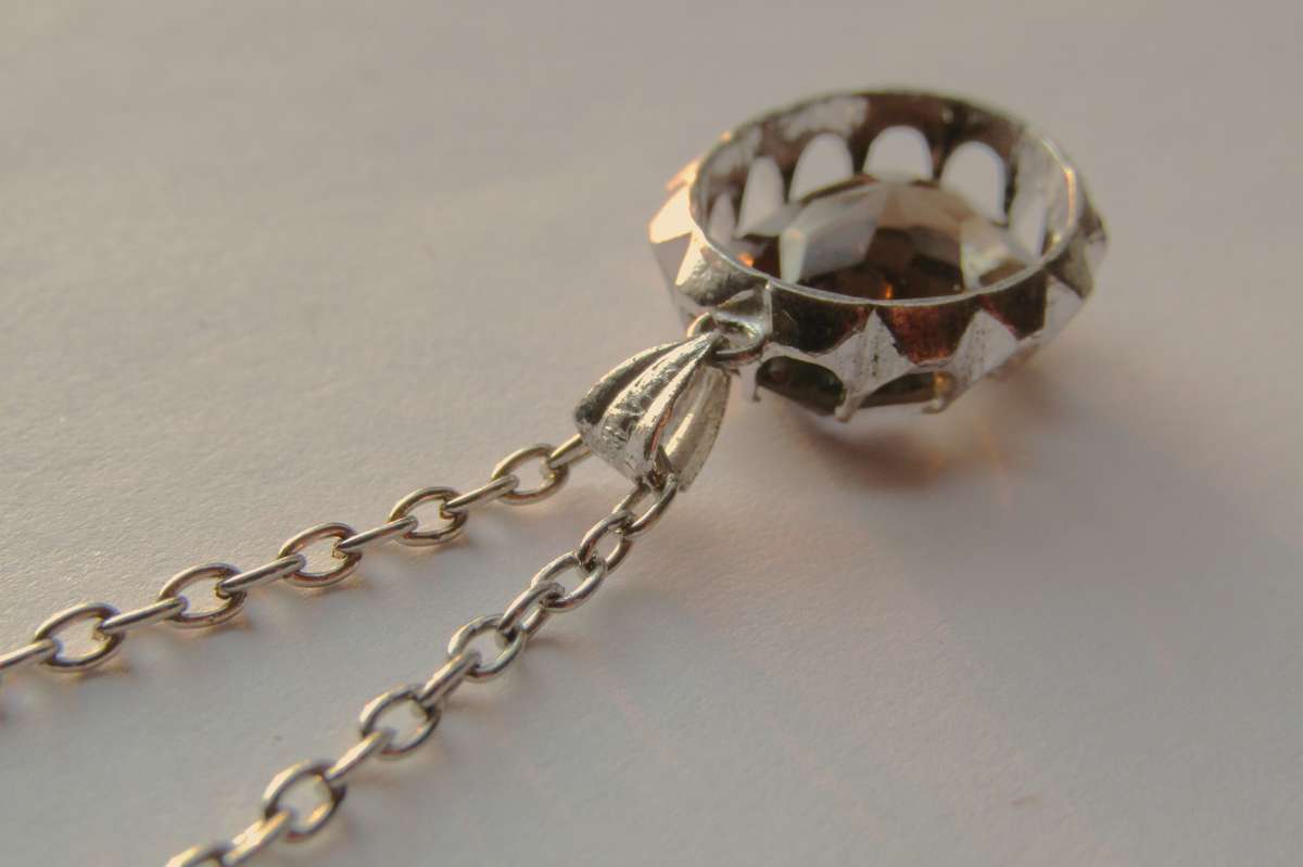 Vintage Oval Sterling Silver Faceted Smoky Quartz Pendant with Silver Tone Chain