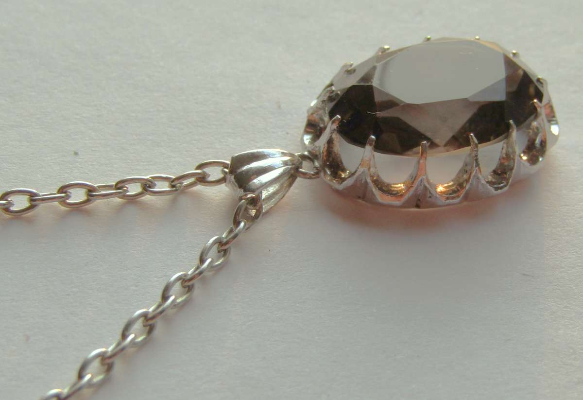 Vintage Oval Sterling Silver Faceted Smoky Quartz Pendant with Silver Tone Chain