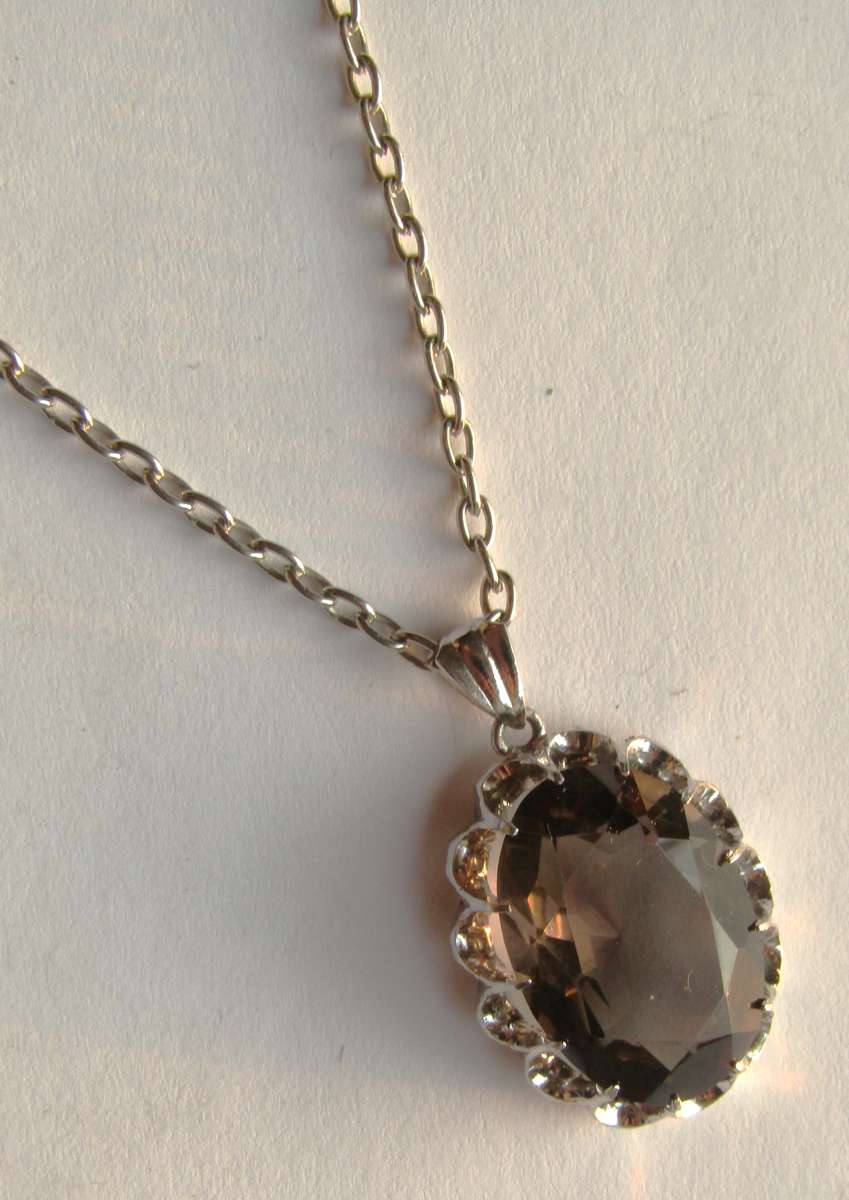 Vintage Oval Sterling Silver Faceted Smoky Quartz Pendant with Silver Tone Chain