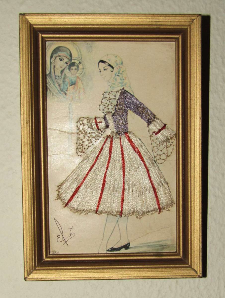 Vintage Framed Elsi Gumier Embroidered Postcard, Hydra, c1950