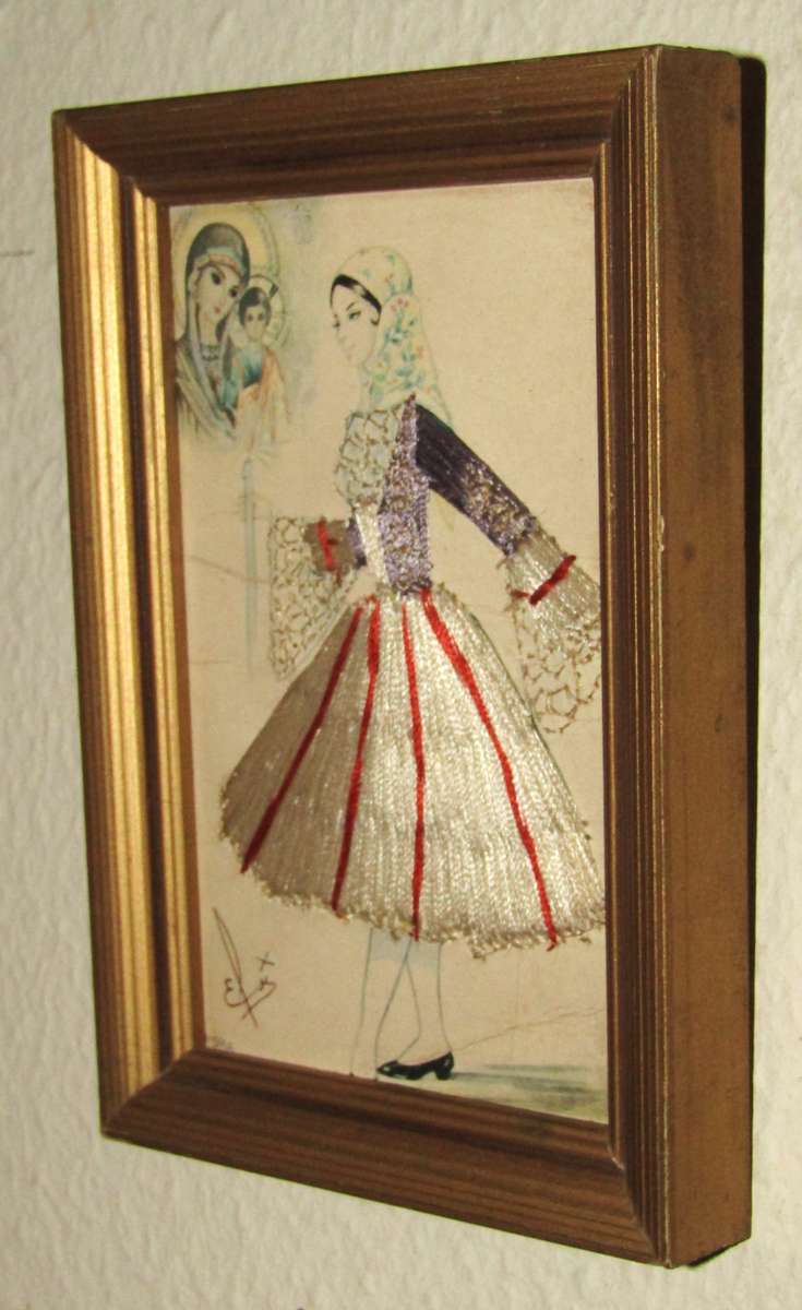 Vintage Framed Elsi Gumier Embroidered Postcard, Hydra, c1950