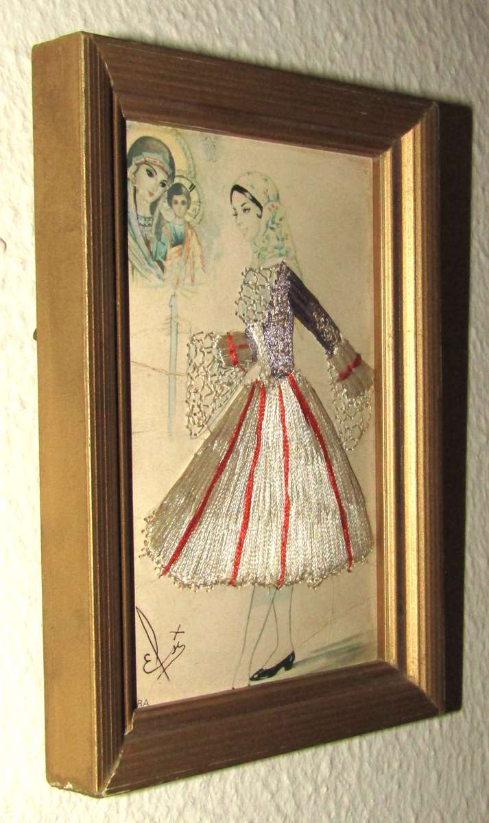 Vintage Framed Elsi Gumier Embroidered Postcard, Hydra, c1950