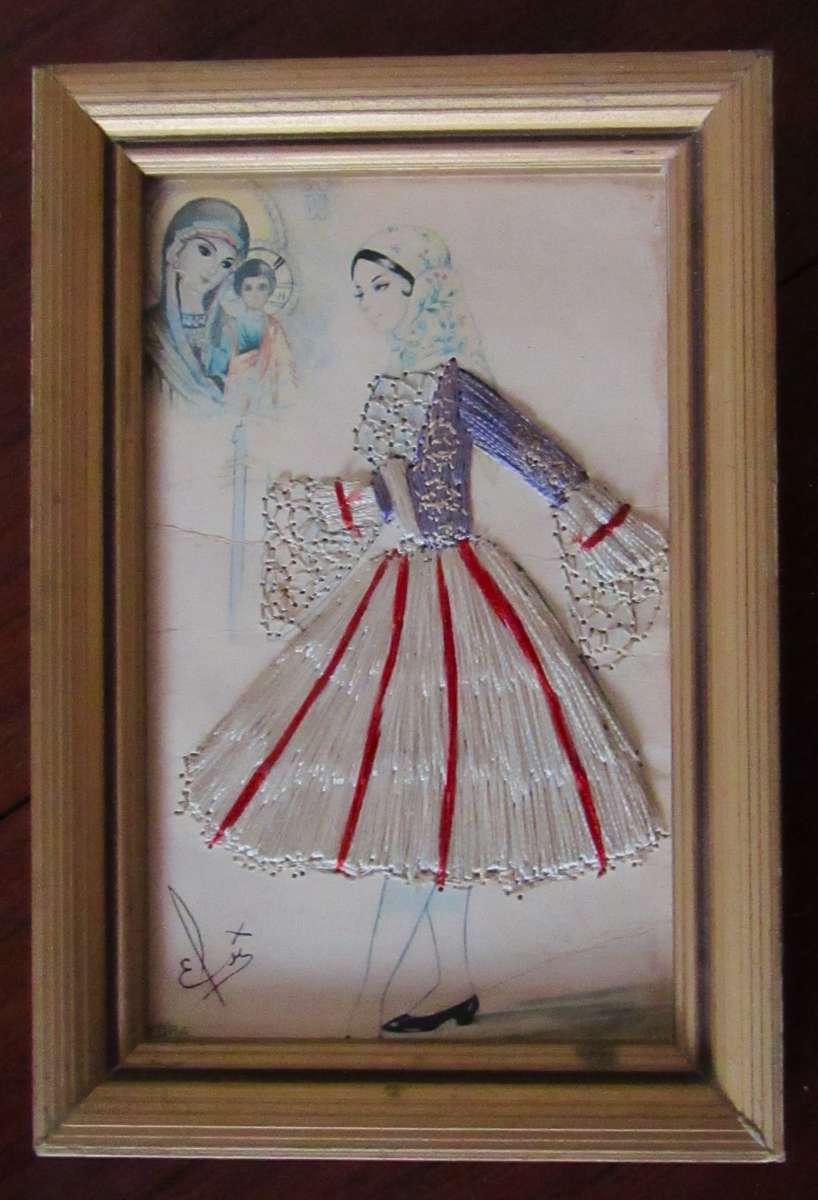 Vintage Framed Elsi Gumier Embroidered Postcard, Hydra, c1950