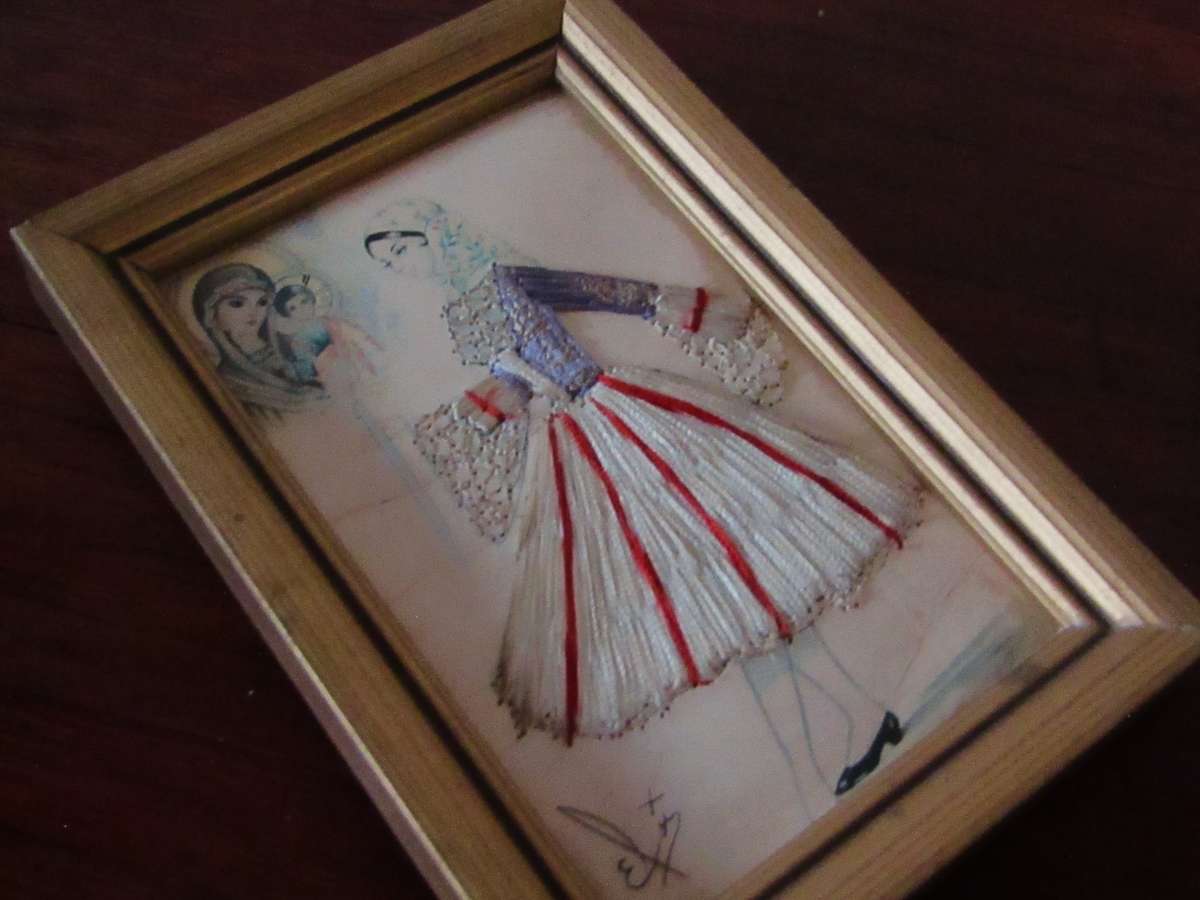 Vintage Framed Elsi Gumier Embroidered Postcard, Hydra, c1950