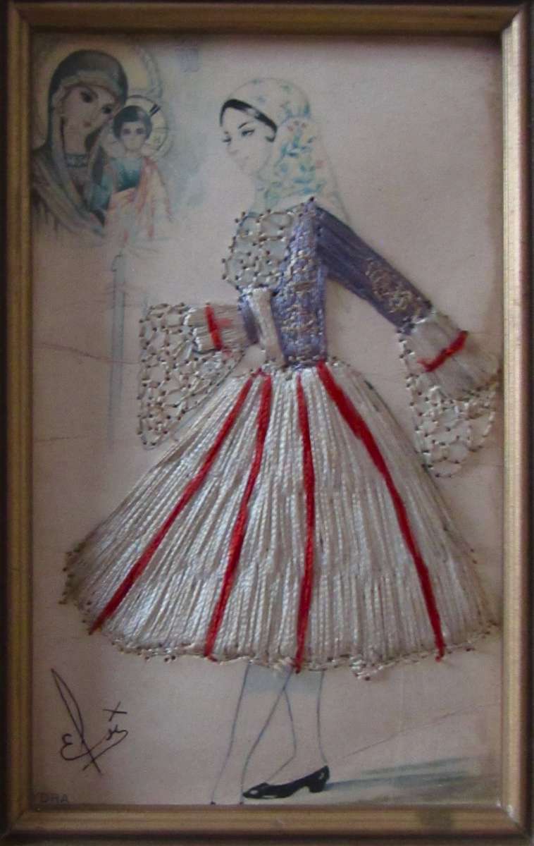 Vintage Framed Elsi Gumier Embroidered Postcard, Hydra, c1950