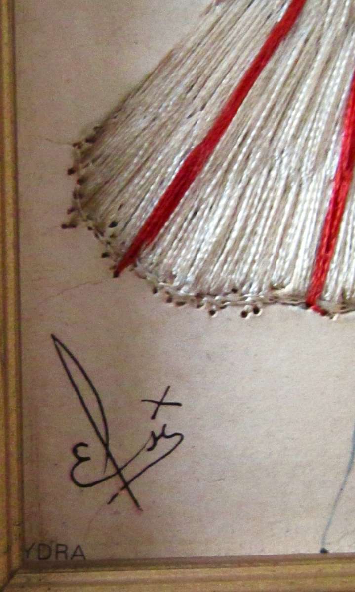 Vintage Framed Elsi Gumier Embroidered Postcard, Hydra, c1950