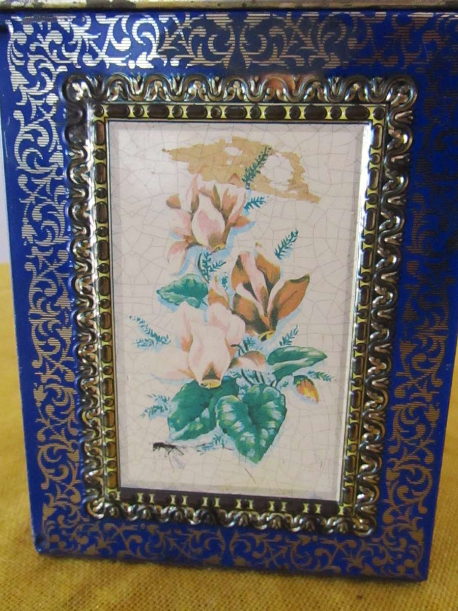 Antique, Cobalt Blue and Gold Tea Caddy Tin with Botanical Sketches