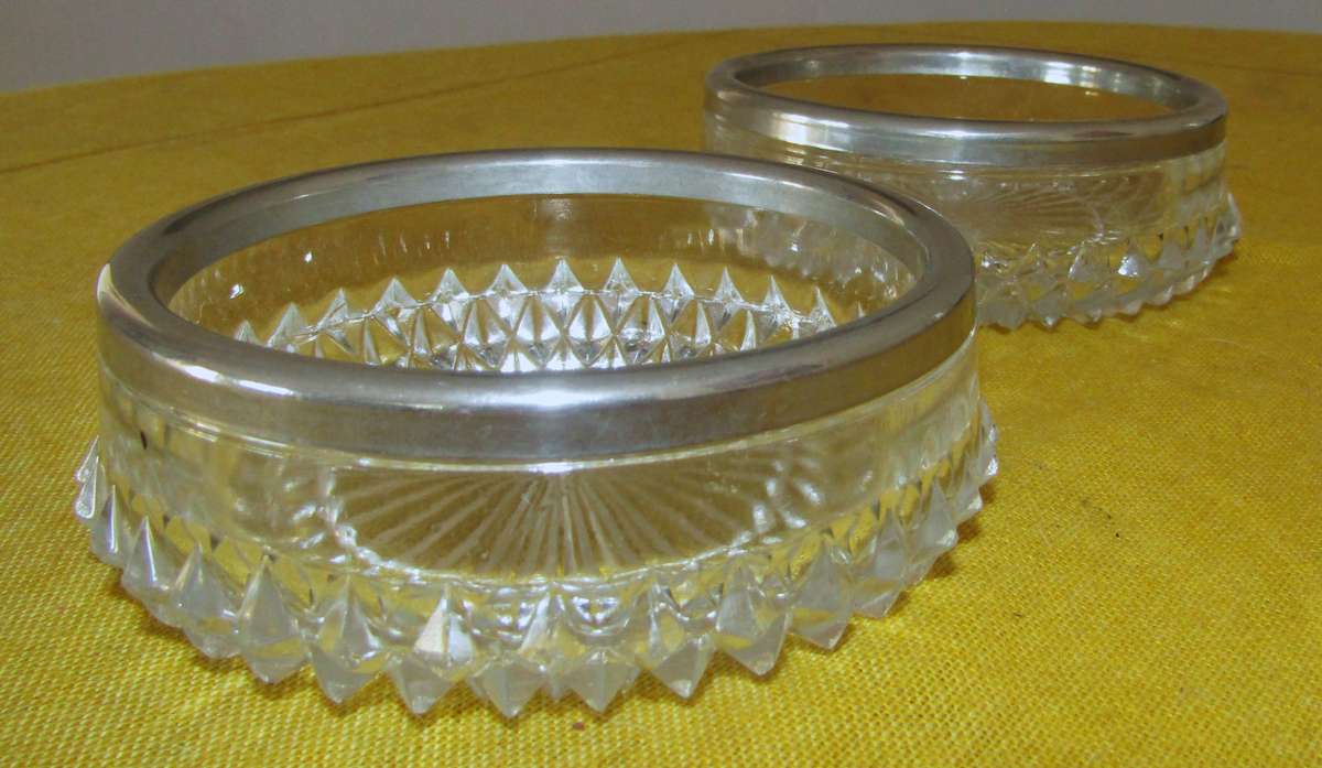 Vintage Small Cut Glass Candy/Nut Dishes with Silverplated Rim (Pair)