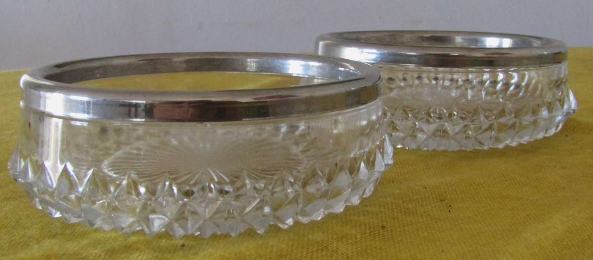 Vintage Small Cut Glass Candy/Nut Dishes with Silverplated Rim (Pair)