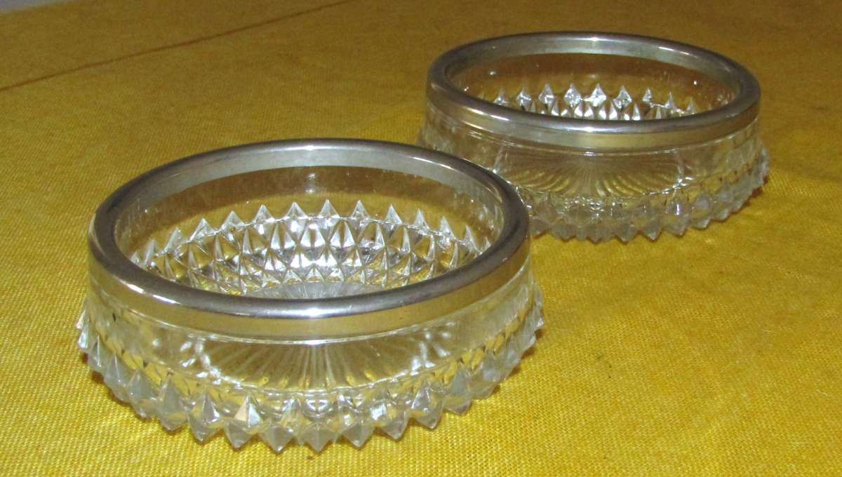 Vintage Small Cut Glass Candy/Nut Dishes with Silverplated Rim (Pair)