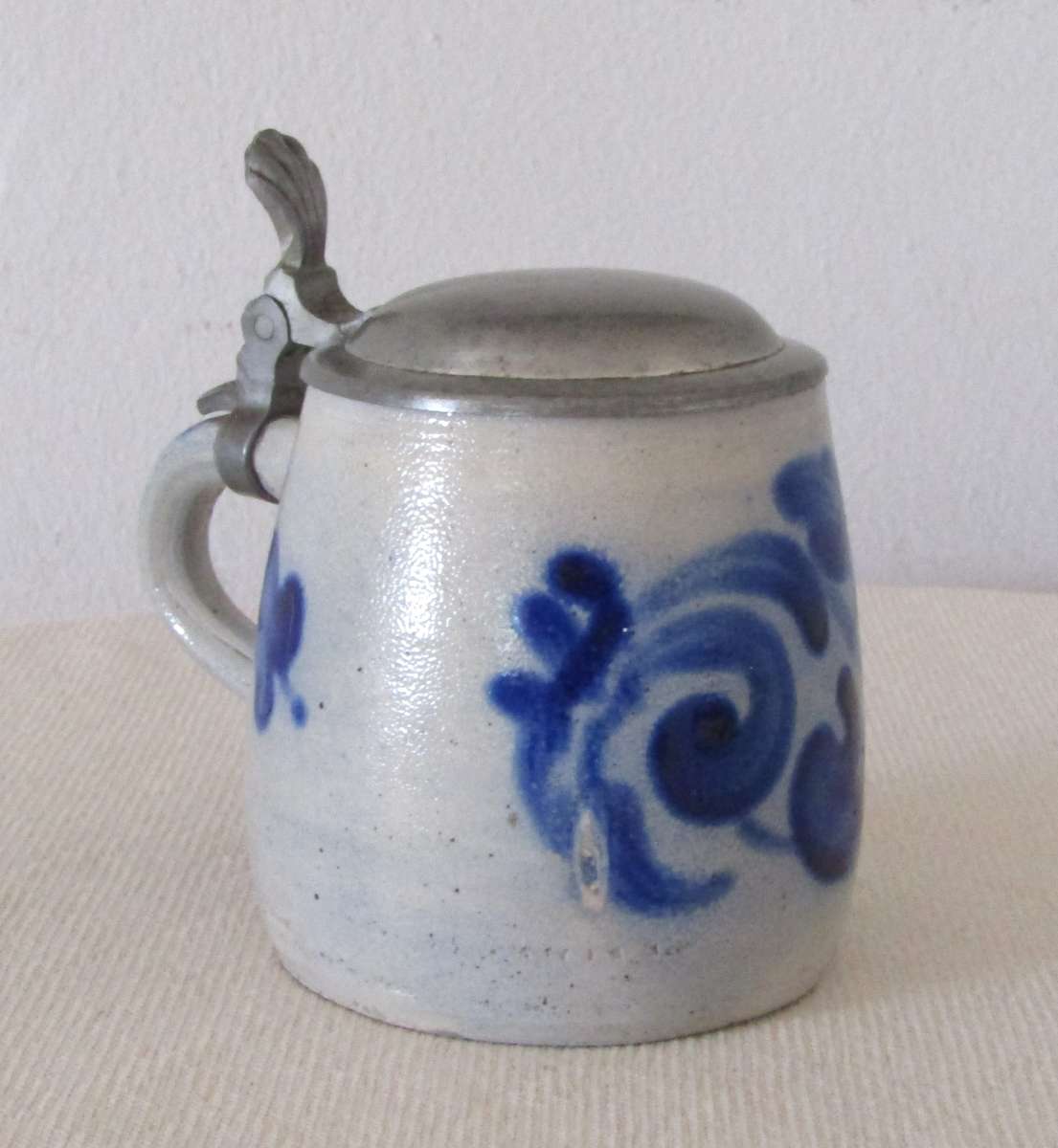 Vintage Blue and Gray Salt Glazed German Beer Stein with Pewter Lid