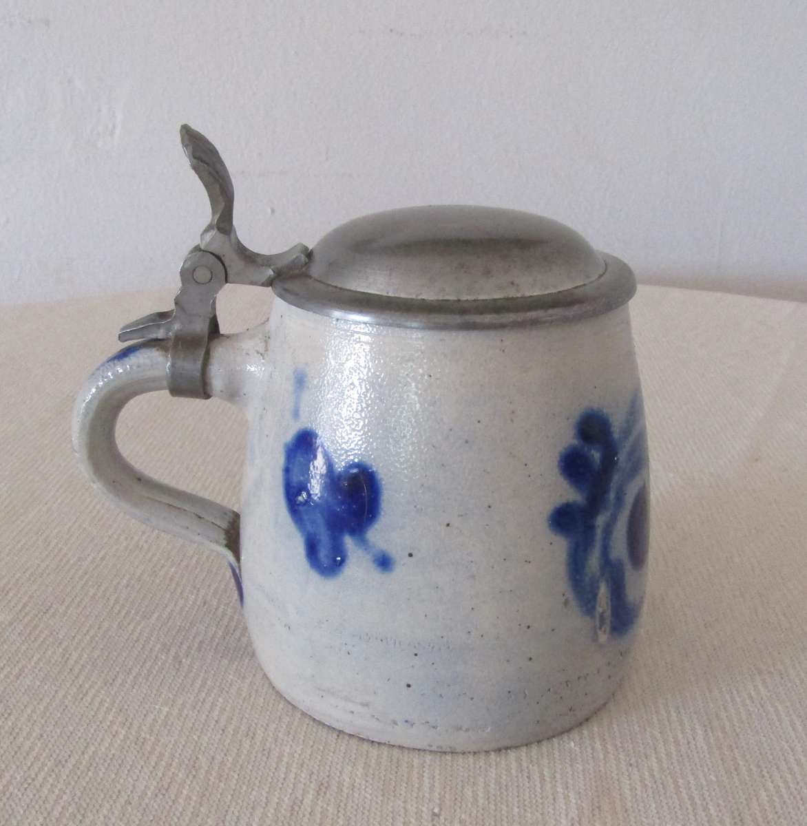 Vintage Blue and Gray Salt Glazed German Beer Stein with Pewter Lid
