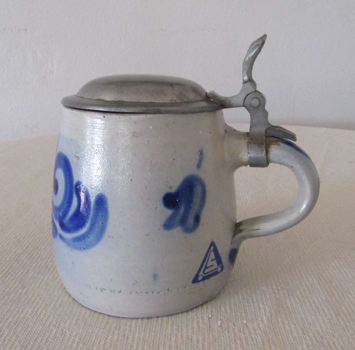 Vintage Blue and Gray Salt Glazed German Beer Stein with Pewter Lid