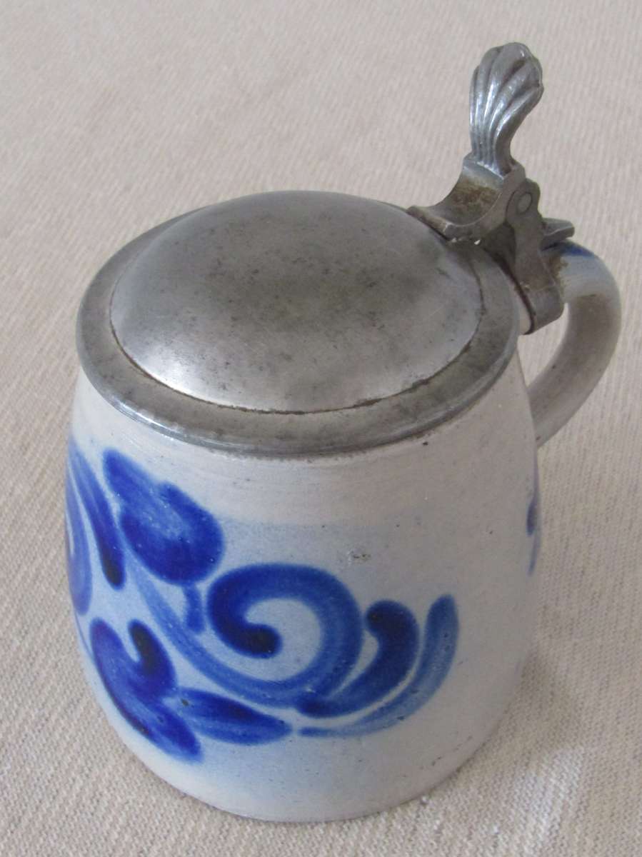 Vintage Blue and Gray Salt Glazed German Beer Stein with Pewter Lid