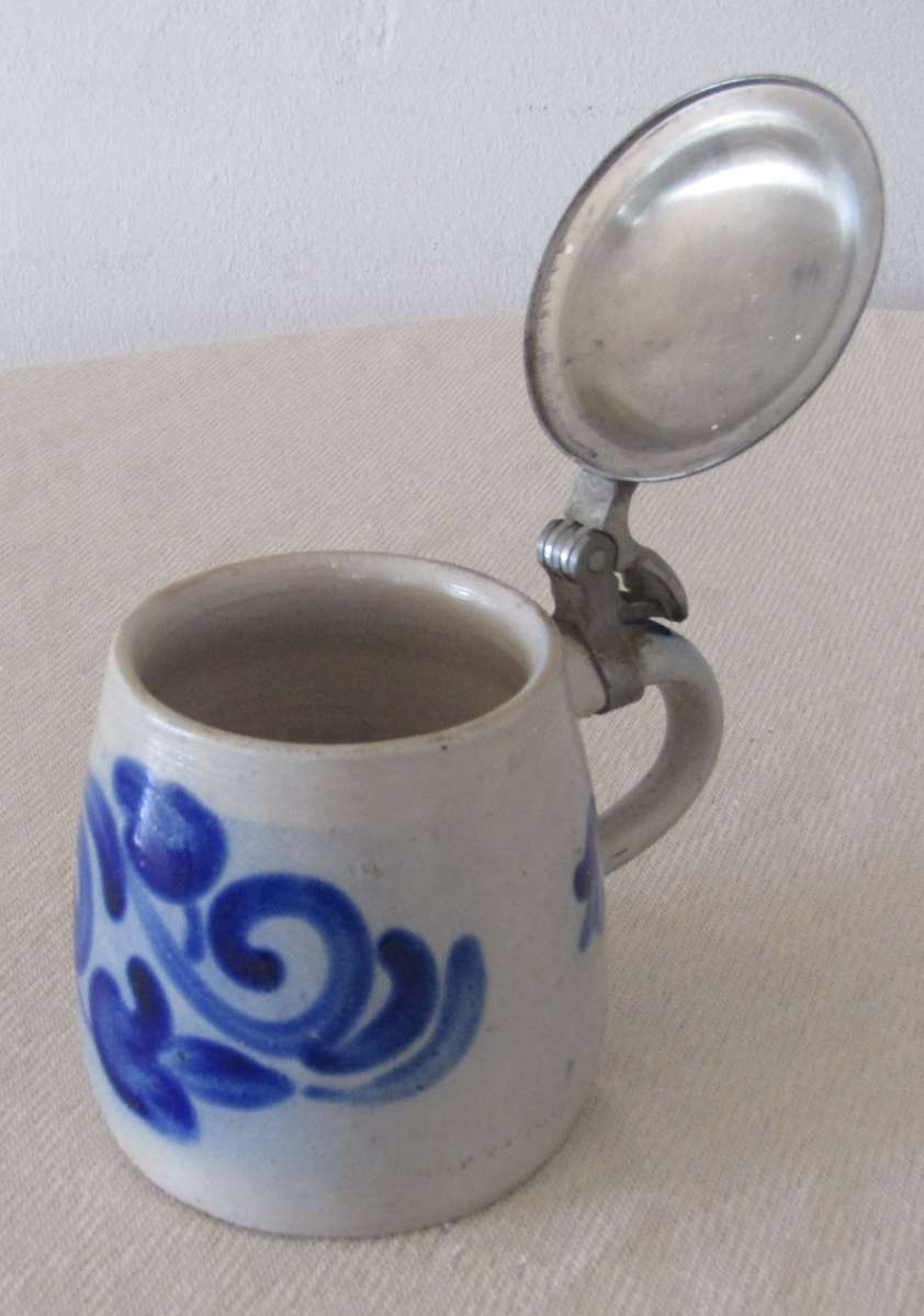 Vintage Blue and Gray Salt Glazed German Beer Stein with Pewter Lid