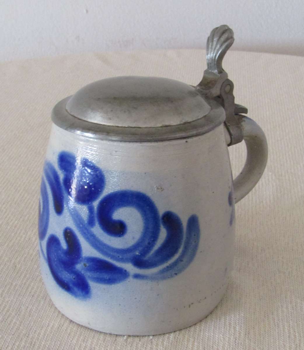Vintage Blue and Gray Salt Glazed German Beer Stein with Pewter Lid