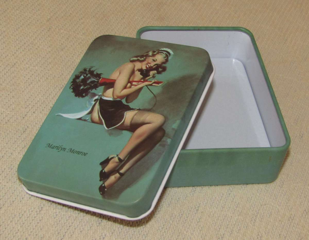 Contemporary Collectible Small Turquoise Storage Tin Featuring Marilyn Monroe - Pin-Up Style