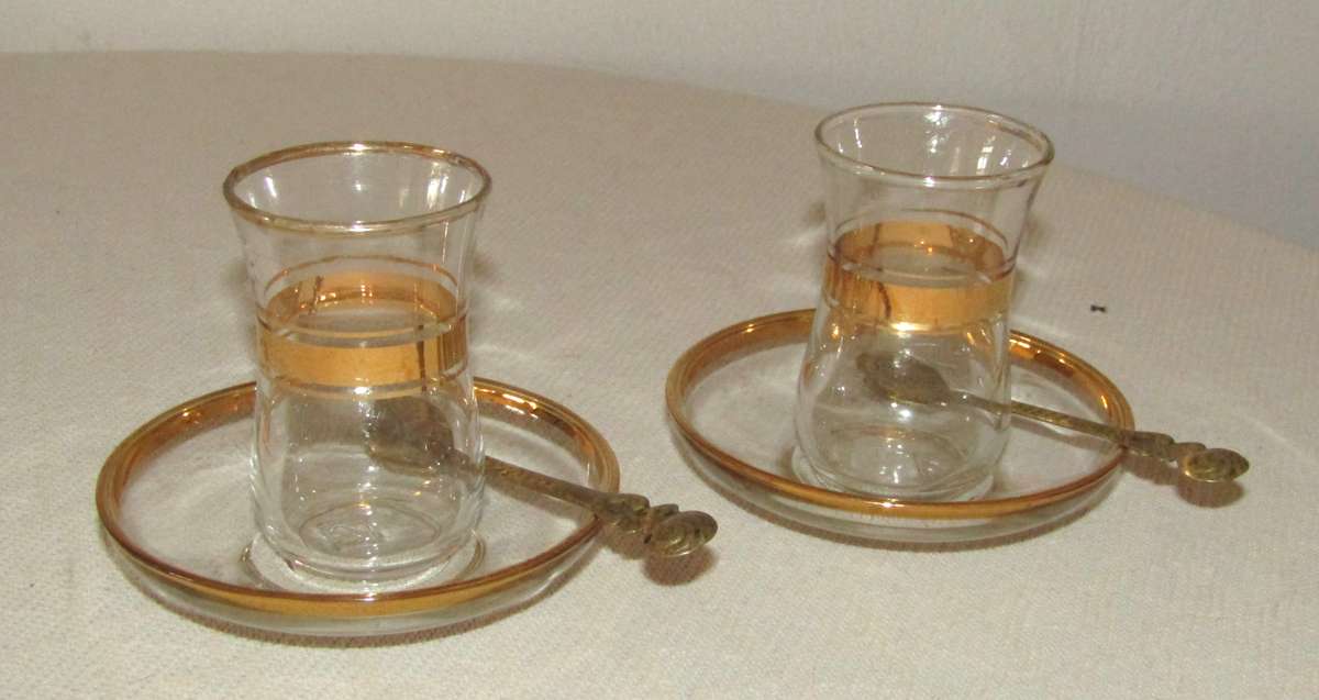Pair of Vintage Pasabahce Istanbul Turkey Gold Trimmed Tea Cups with Saucers and Gilt Spoons