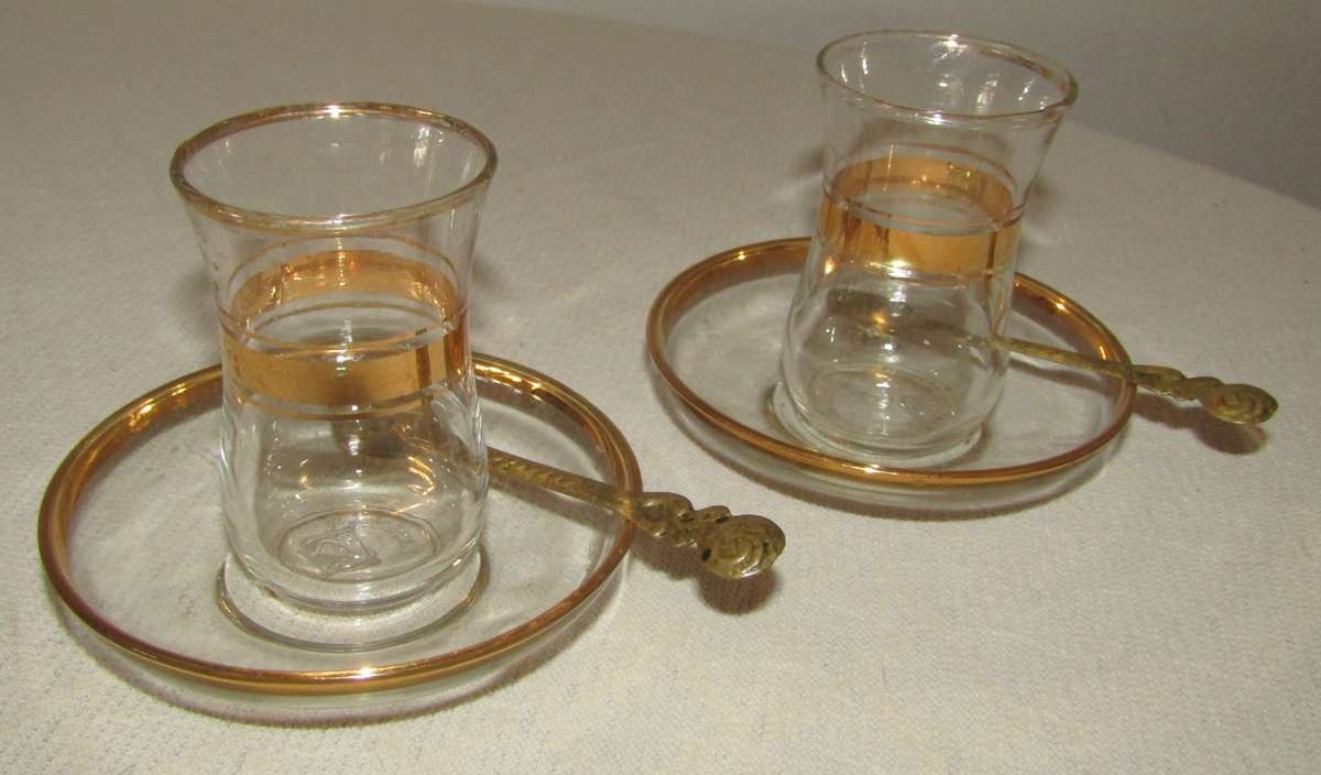 Pair of Vintage Pasabahce Istanbul Turkey Gold Trimmed Tea Cups with Saucers and Gilt Spoons