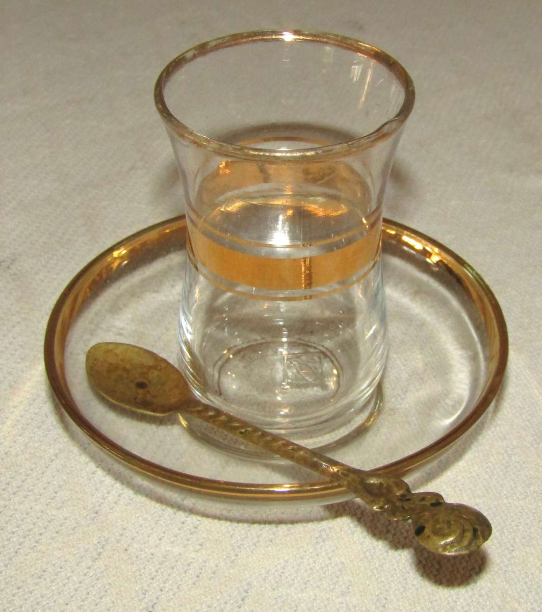 Pair of Vintage Pasabahce Istanbul Turkey Gold Trimmed Tea Cups with Saucers and Gilt Spoons