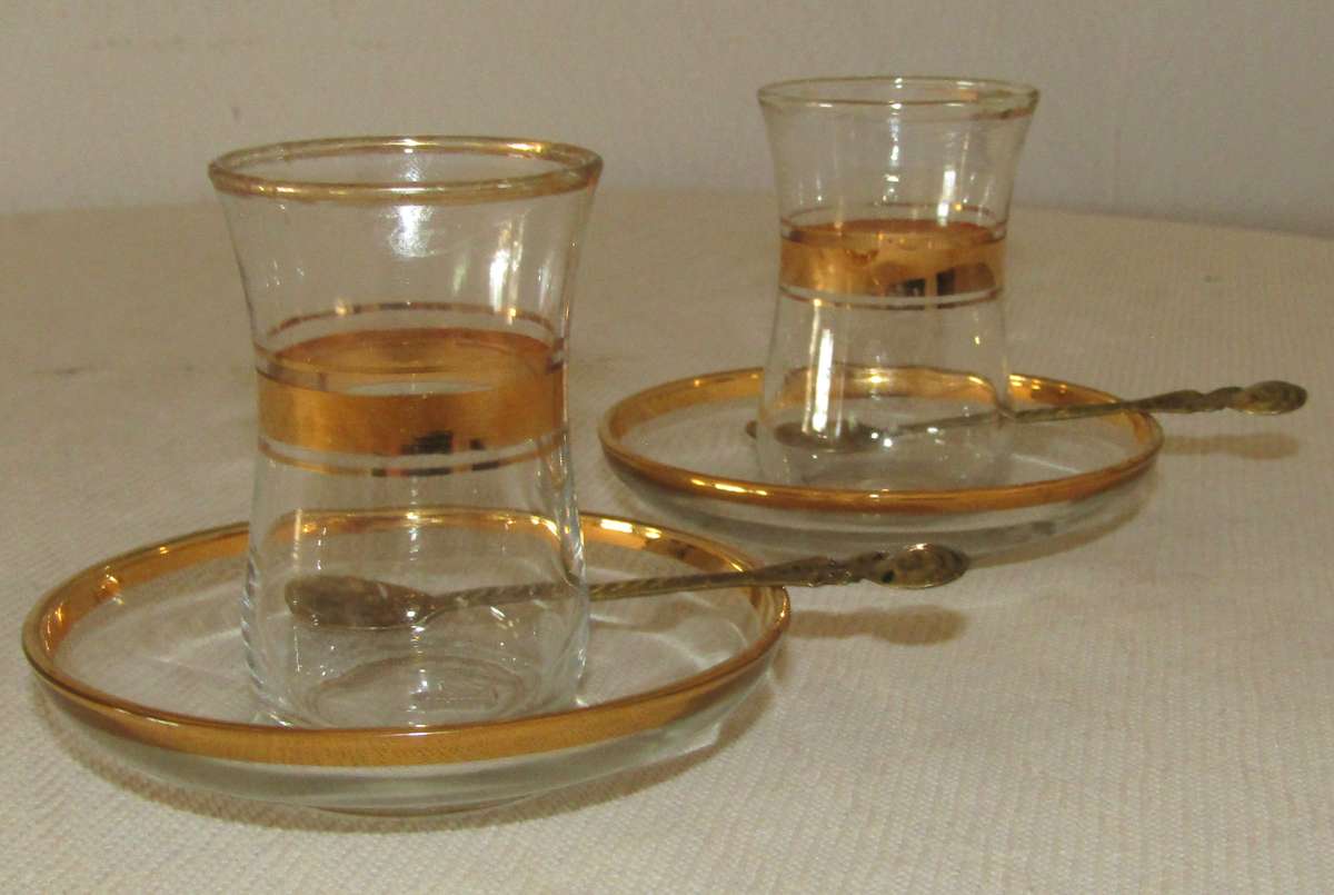 Pair of Vintage Pasabahce Istanbul Turkey Gold Trimmed Tea Cups with Saucers and Gilt Spoons