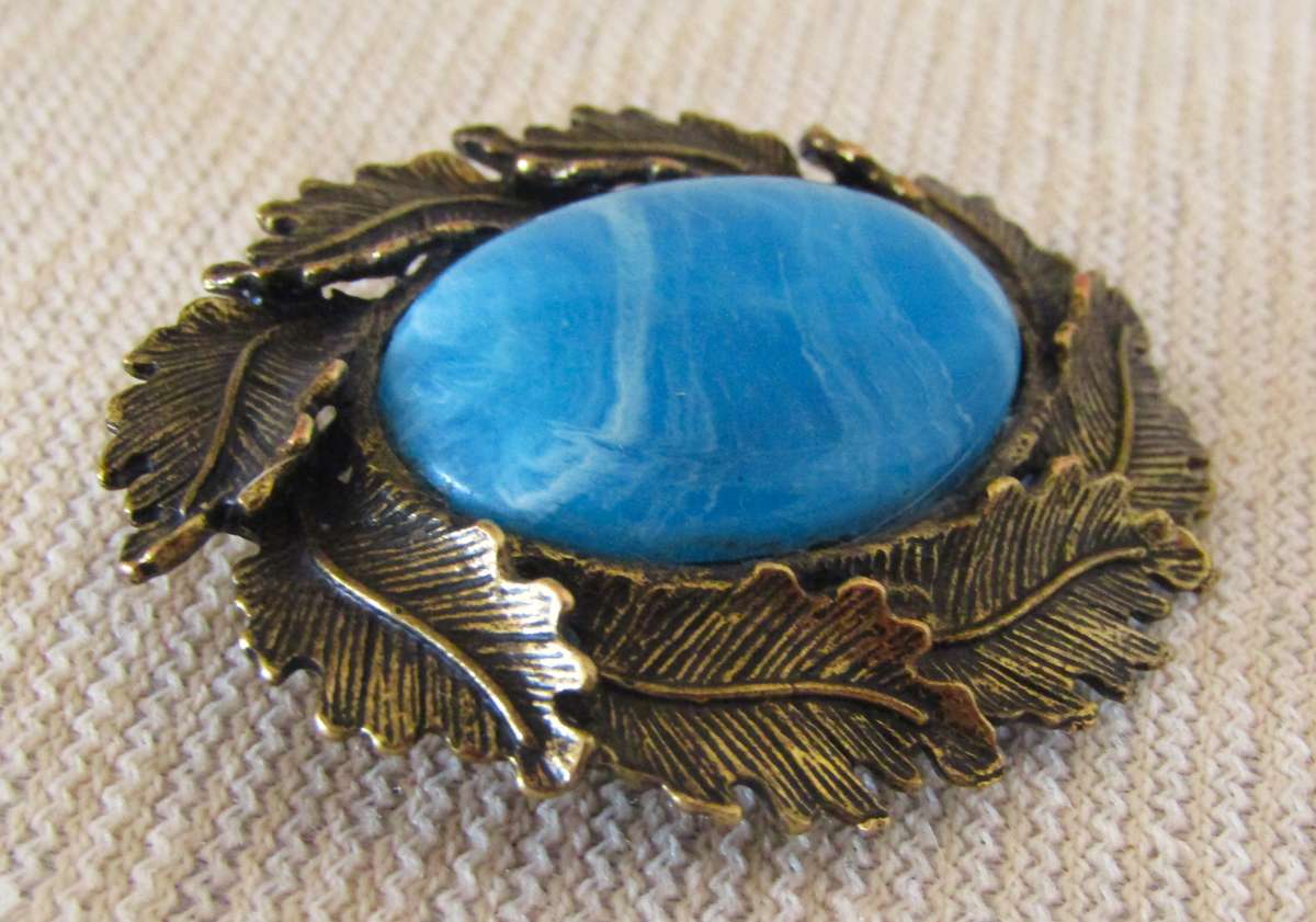 Vintage Antique Bronze Tone Oval Brooch Pin with Simulated Cabochon Blue Agate