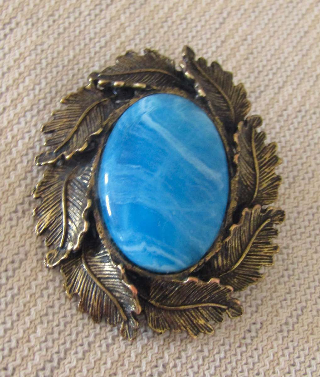 Vintage Antique Bronze Tone Oval Brooch Pin with Simulated Cabochon Blue Agate