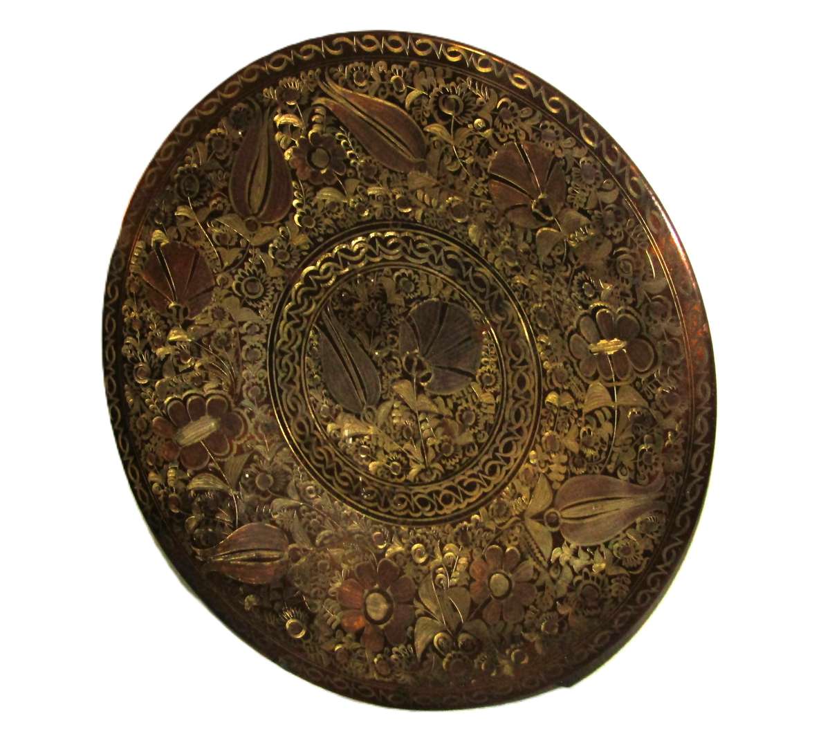 Vintage Japanese Copper, Brass, and Silver-Toned Wall Plate with Floral Engravings