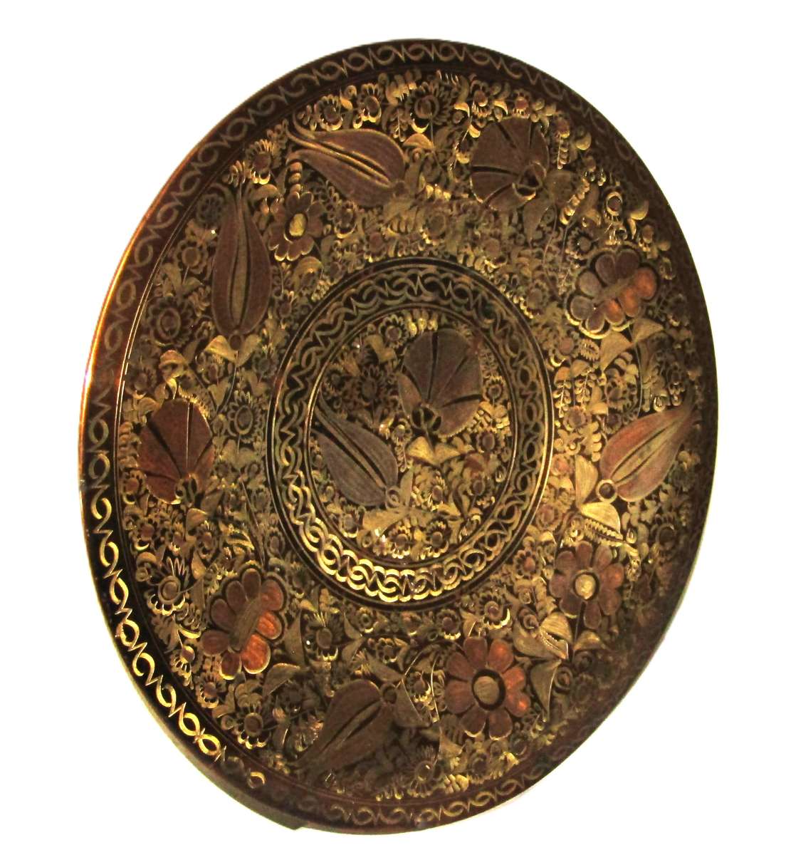 Vintage Japanese Copper, Brass, and Silver-Toned Wall Plate with Floral Engravings