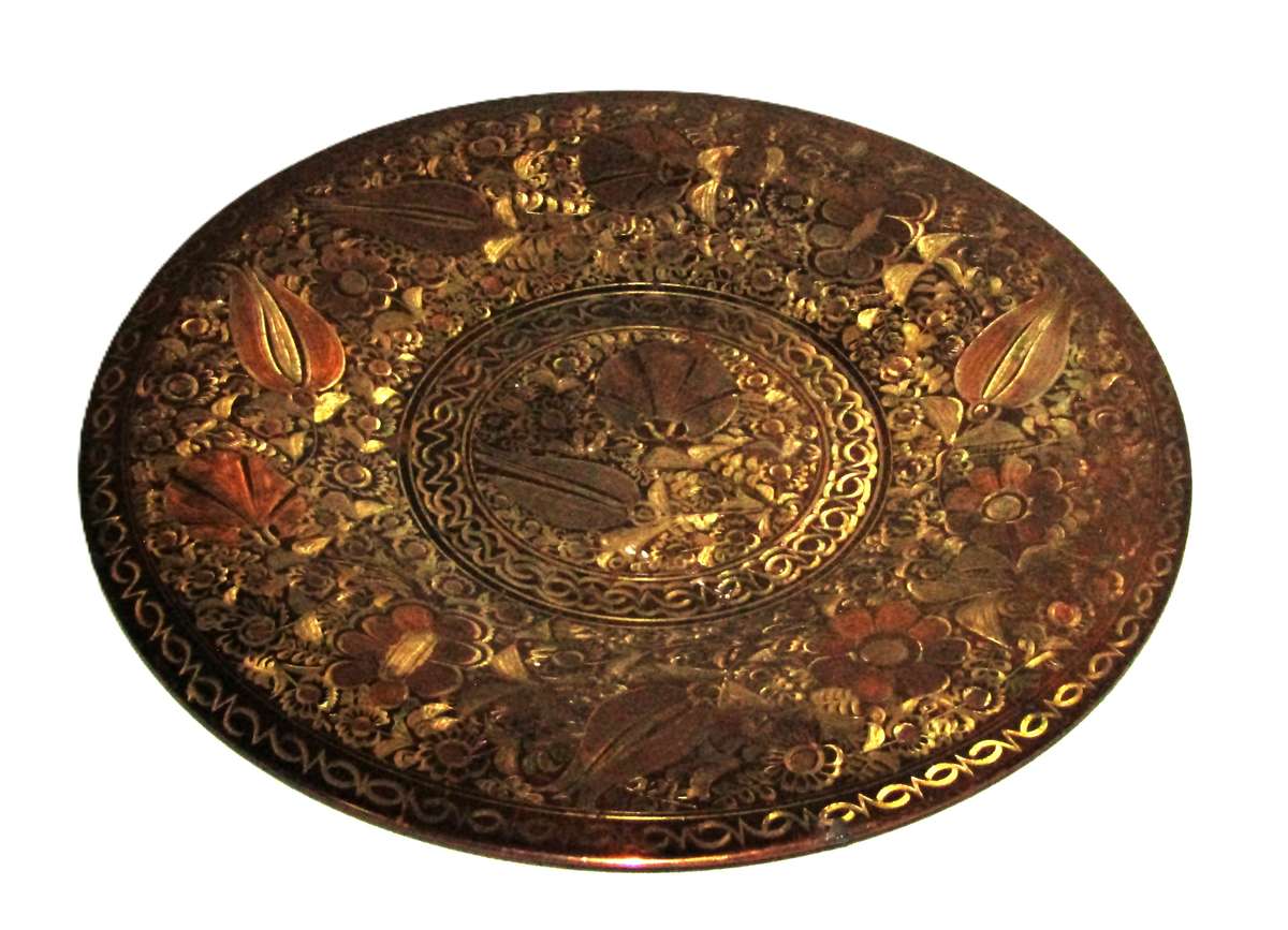 Vintage Japanese Copper, Brass, and Silver-Toned Wall Plate with Floral Engravings