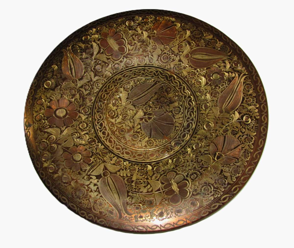 Vintage Japanese Copper, Brass, and Silver-Toned Wall Plate with Floral Engravings
