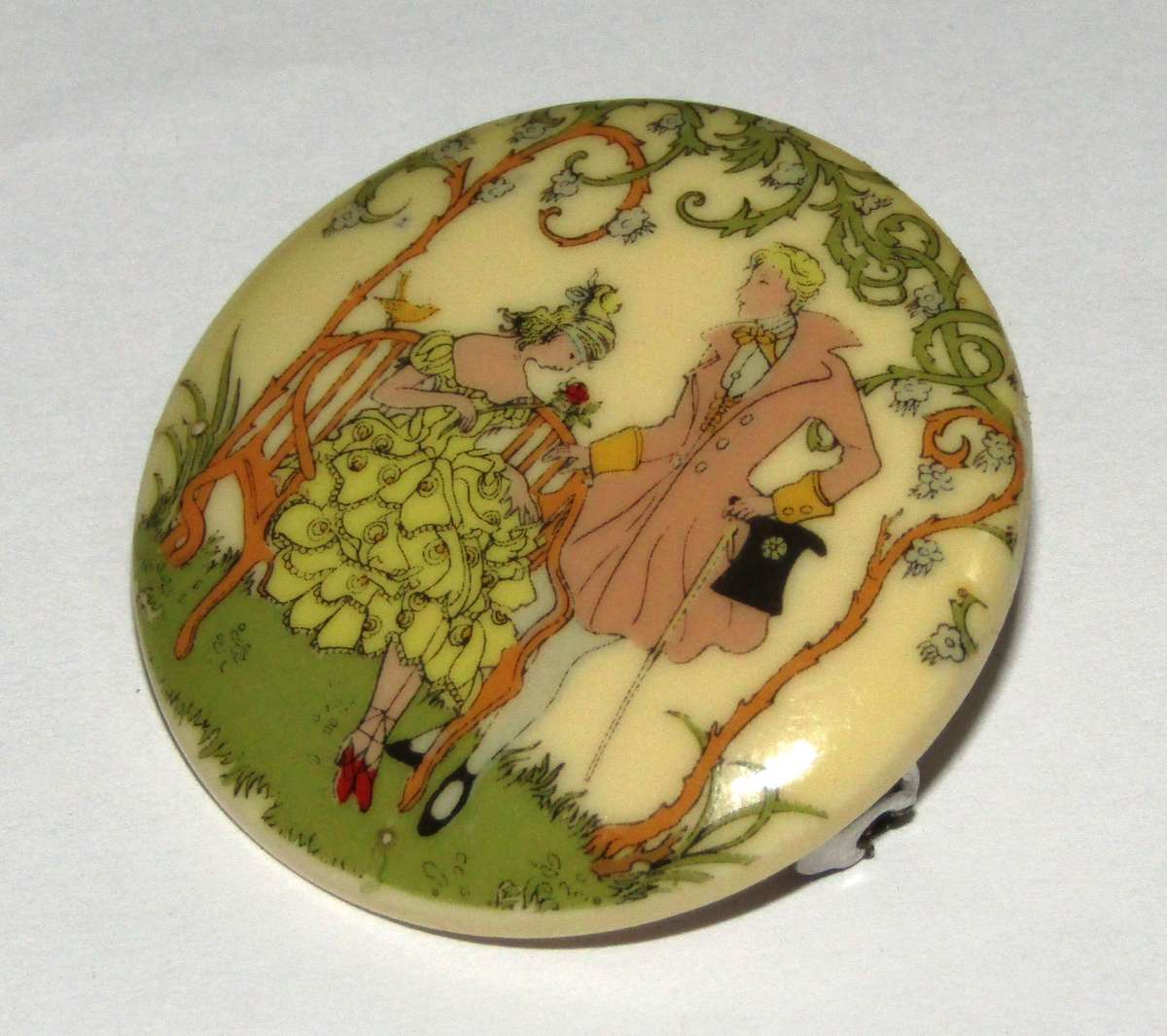 Vintage Romantic Garden Scene Brooch, Early Plastic (Bakelite or Lucite), Transfer Print Brooch Pin