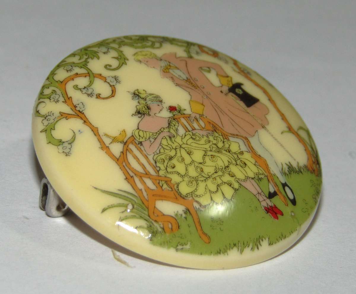 Vintage Romantic Garden Scene Brooch, Early Plastic (Bakelite or Lucite), Transfer Print Brooch Pin