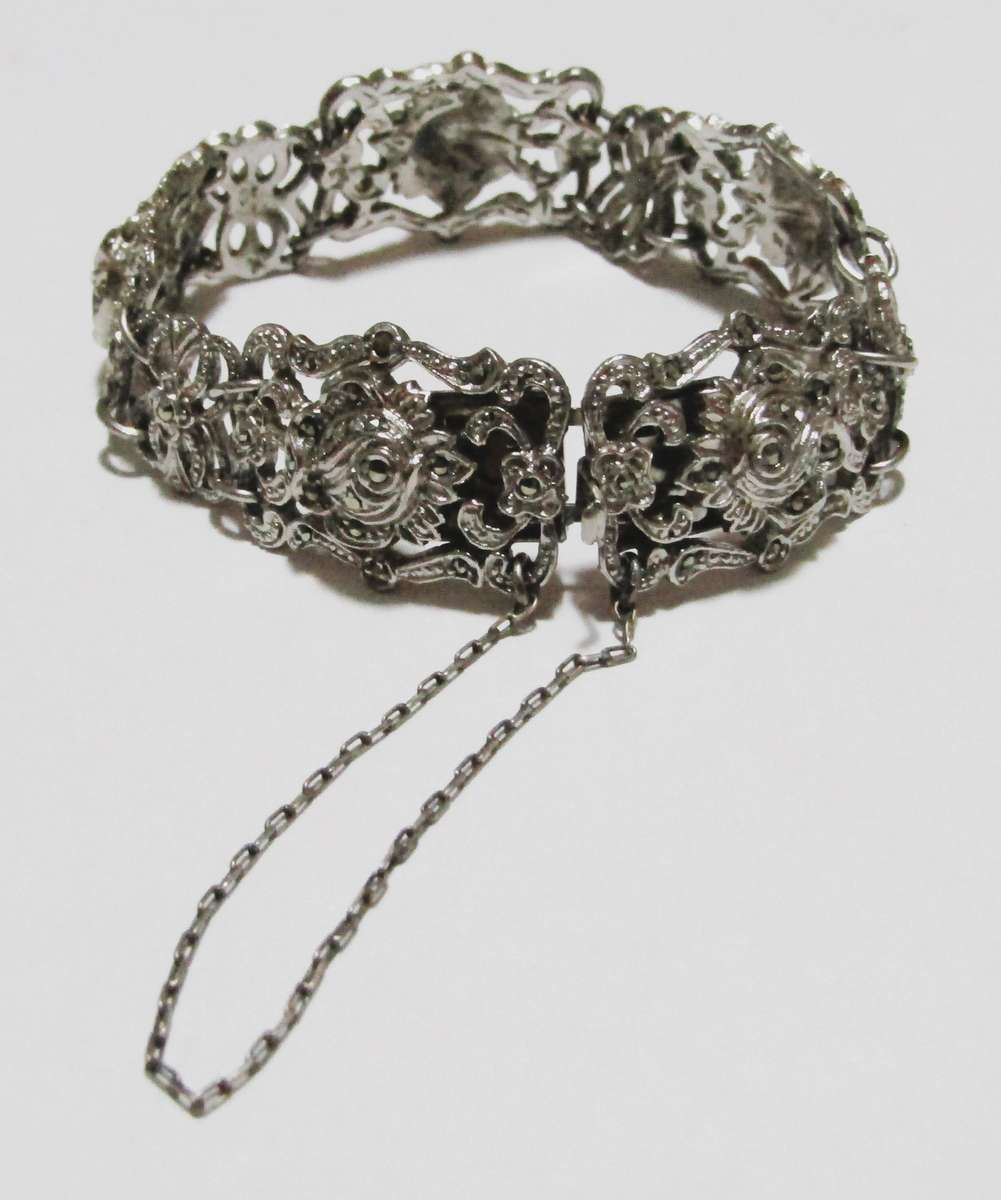 Vintage Silver-Plated Filigree Marcasite Bracelet with Art Nouveau & Art Deco Elegance