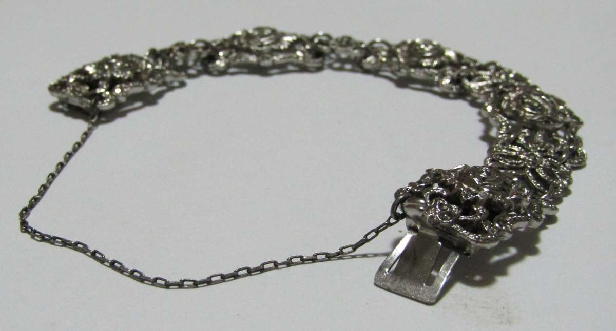 Vintage Silver-Plated Filigree Marcasite Bracelet with Art Nouveau & Art Deco Elegance