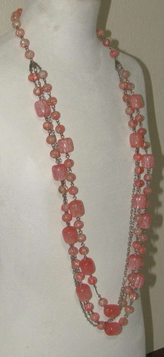 Vintage Silver-Tone and Bubblegum Pink Beaded Four-Strand Necklace