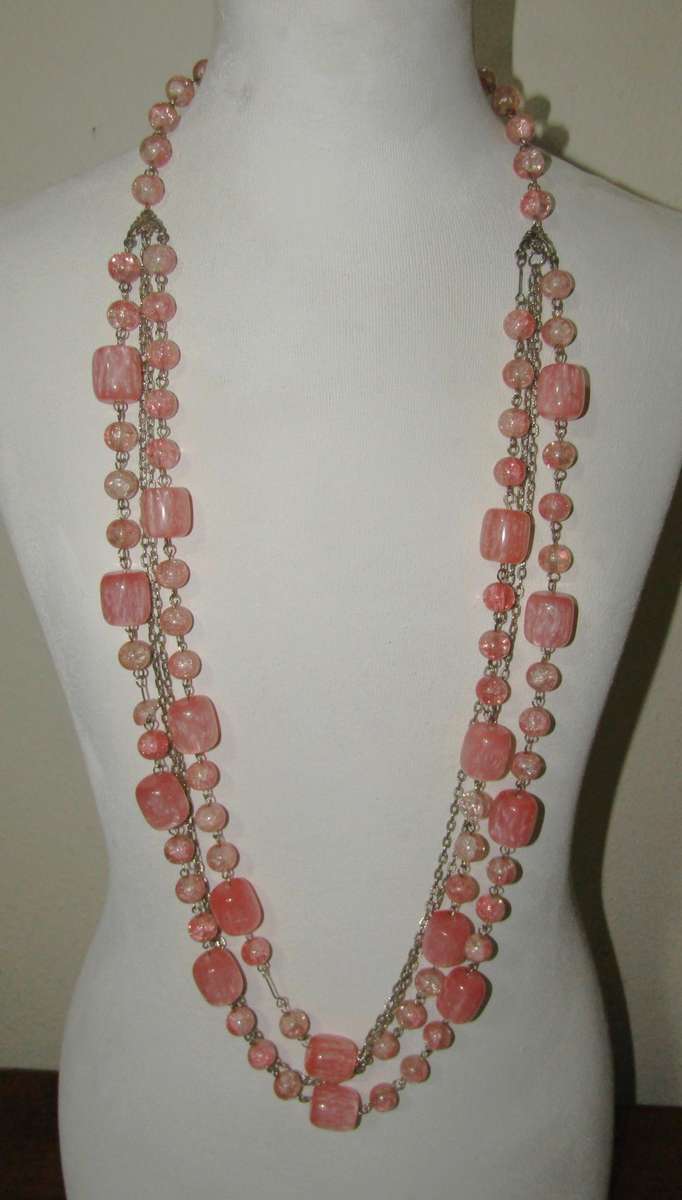 Vintage Silver-Tone and Bubblegum Pink Beaded Four-Strand Necklace
