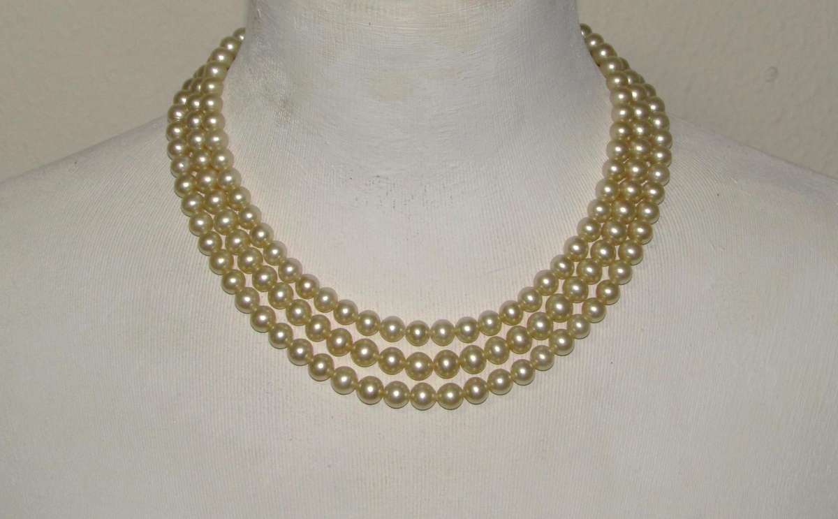 Vintage Three-Strand Faux Pearl Necklace with Silver-Tone Diamante Clasp