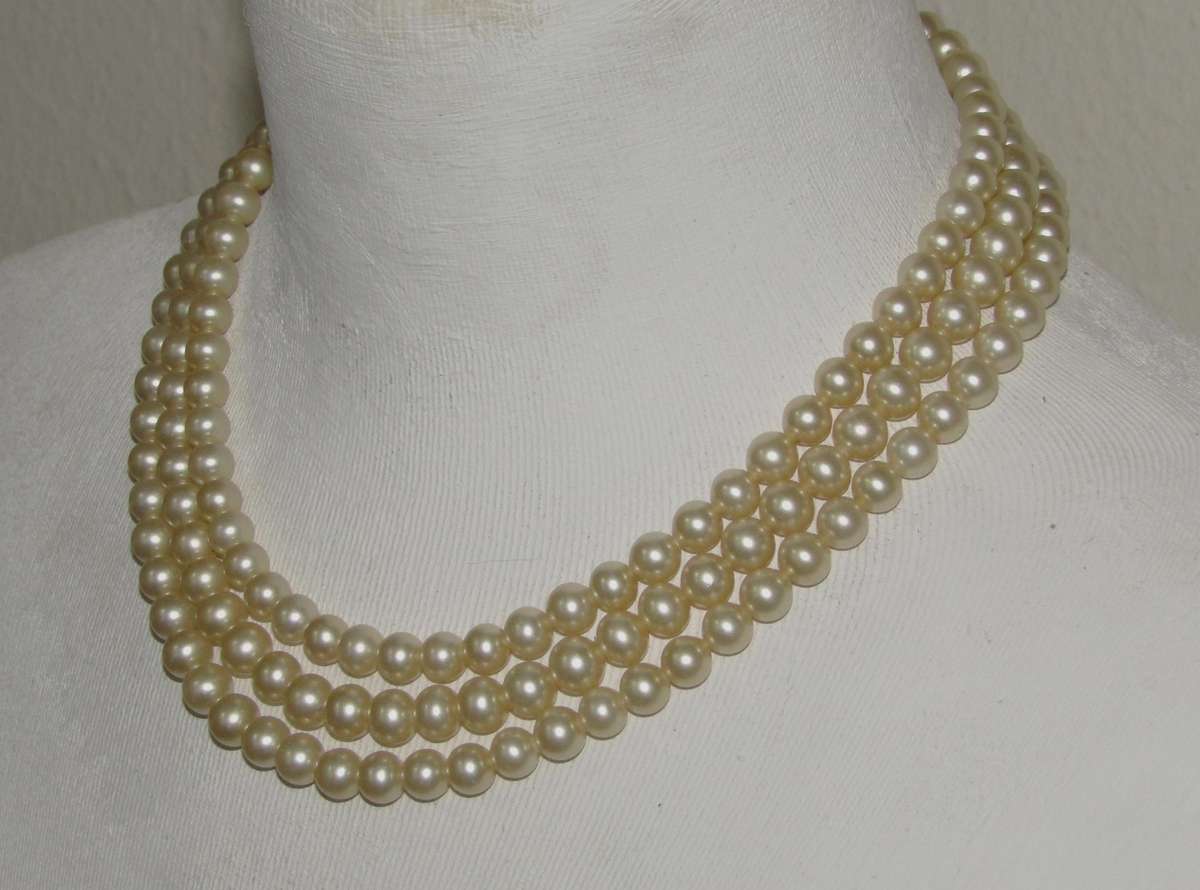 Vintage Three-Strand Faux Pearl Necklace with Silver-Tone Diamante Clasp