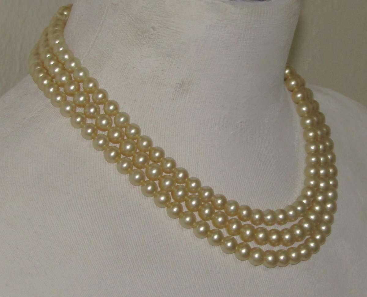 Vintage Three-Strand Faux Pearl Necklace with Silver-Tone Diamante Clasp