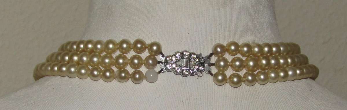 Vintage Three-Strand Faux Pearl Necklace with Silver-Tone Diamante Clasp