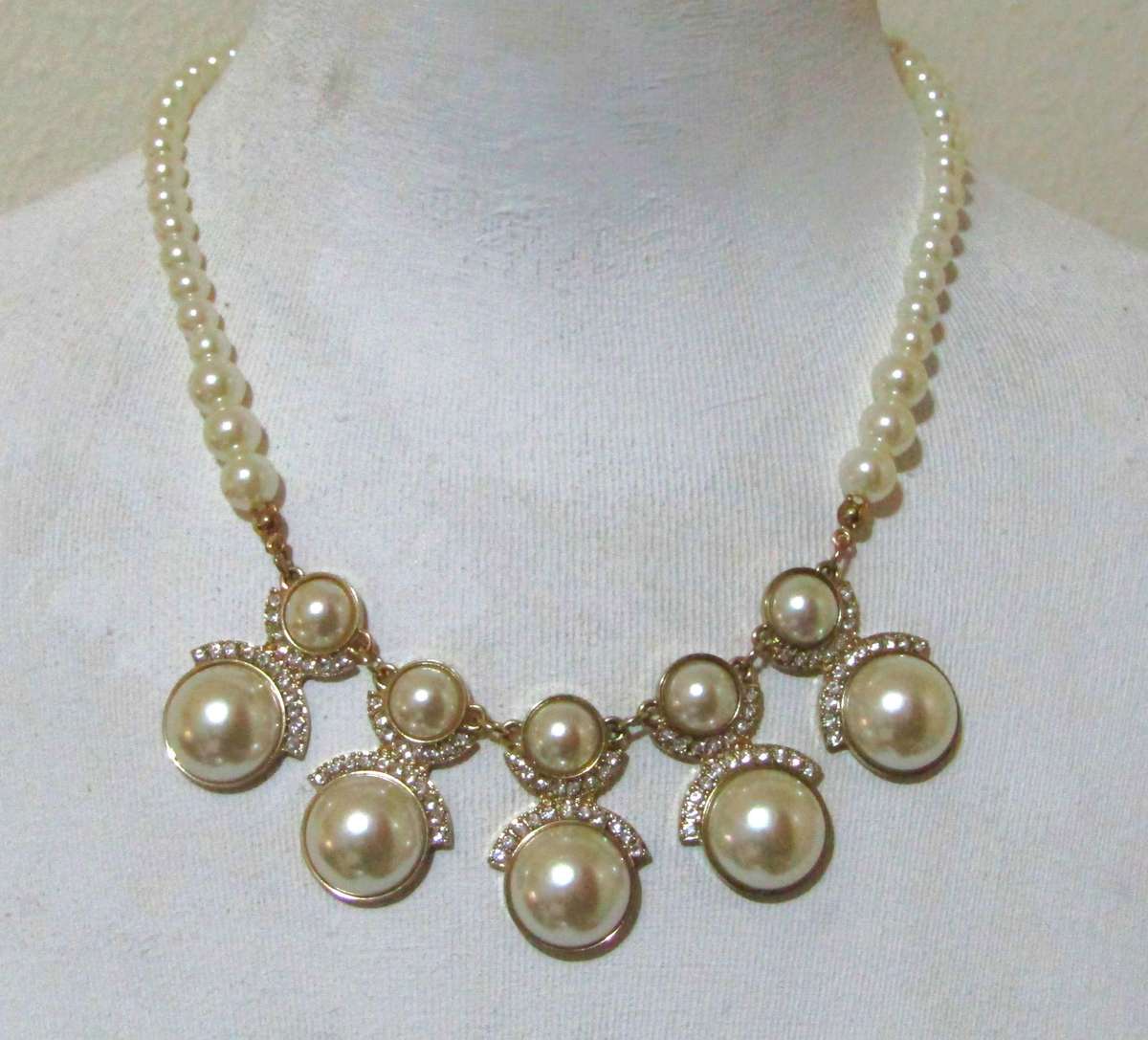 Vintage Gold-Tone Diamante and Faux Pearl Statement Bib Necklace