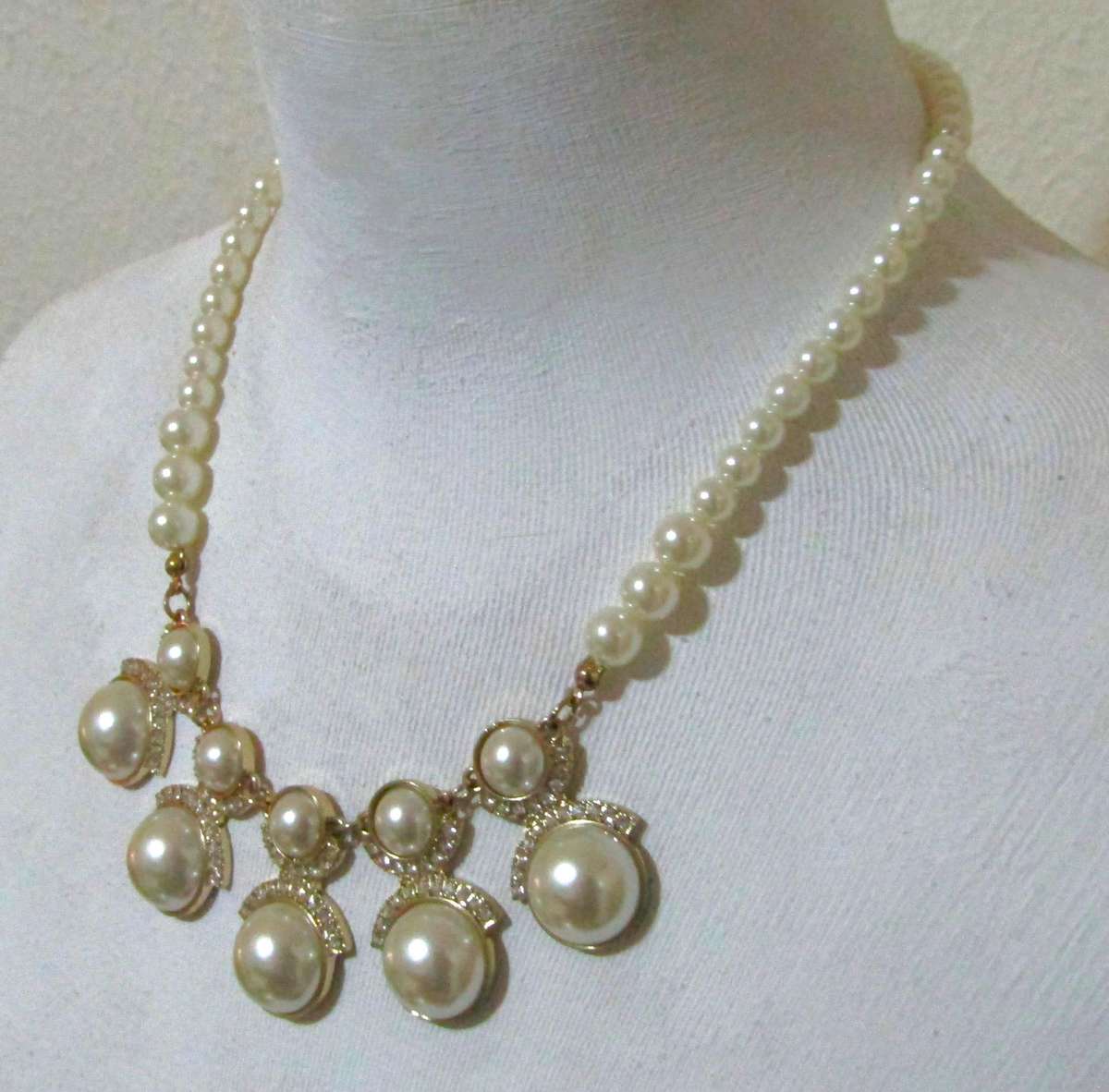 Vintage Gold-Tone Diamante and Faux Pearl Statement Bib Necklace
