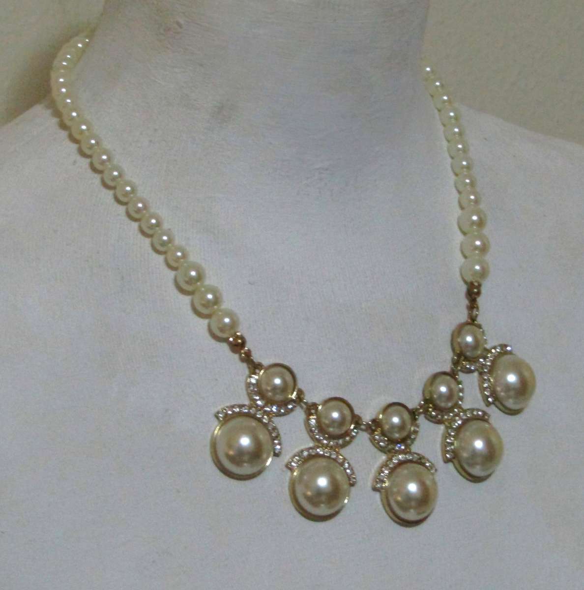 Vintage Gold-Tone Diamante and Faux Pearl Statement Bib Necklace
