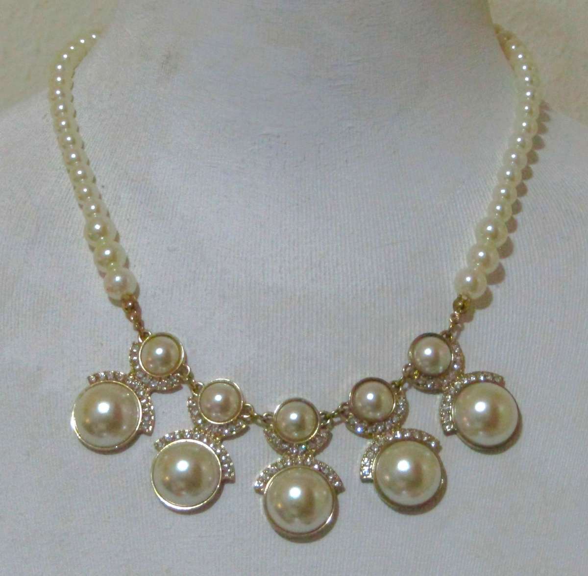 Vintage Gold-Tone Diamante and Faux Pearl Statement Bib Necklace