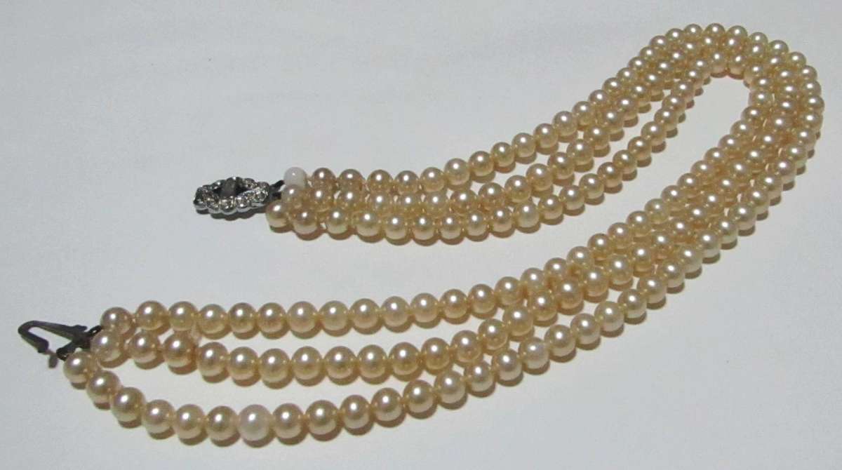 Vintage Three-Strand Faux Pearl Necklace with Silver-Tone Diamante Clasp