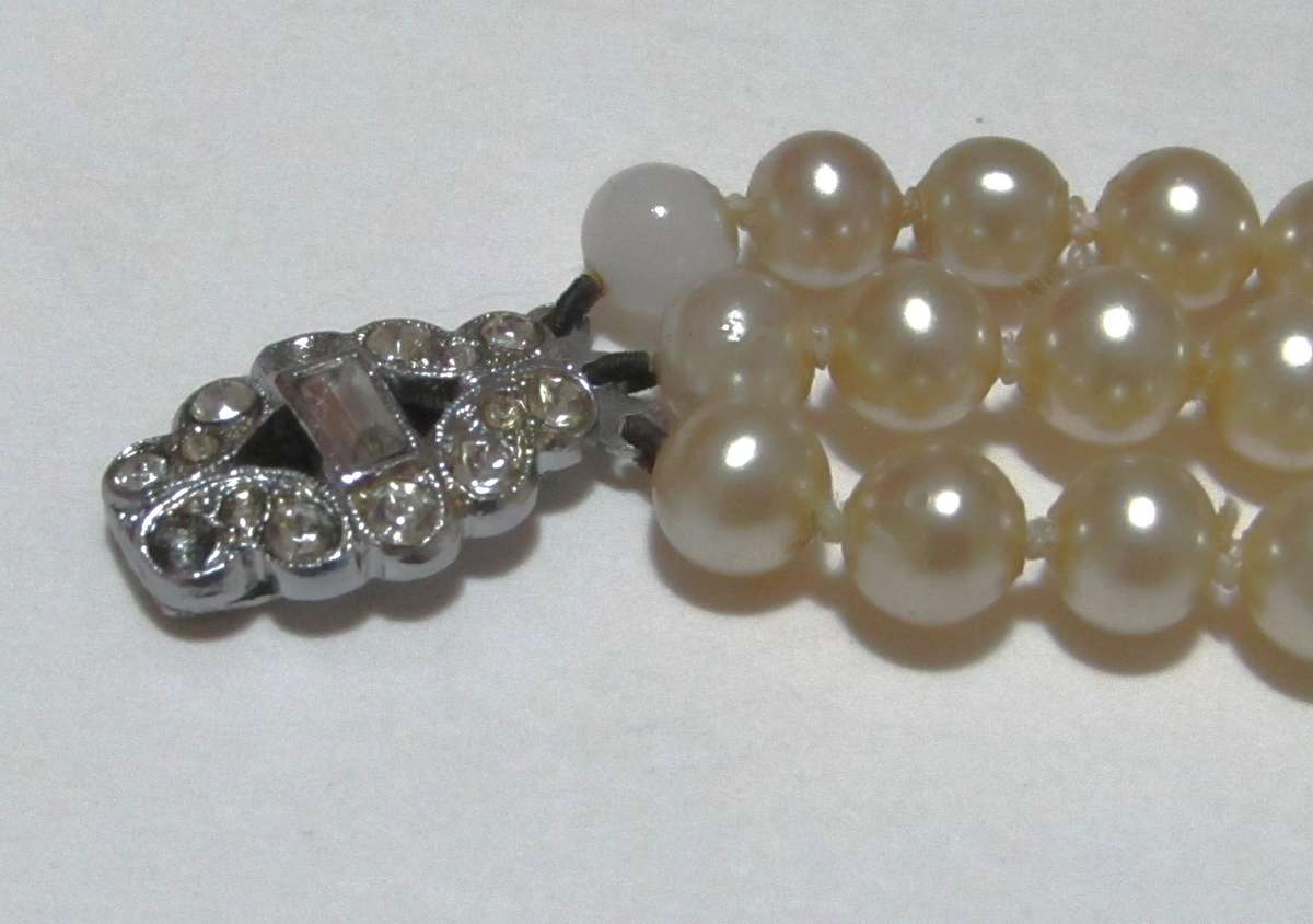 Vintage Three-Strand Faux Pearl Necklace with Silver-Tone Diamante Clasp