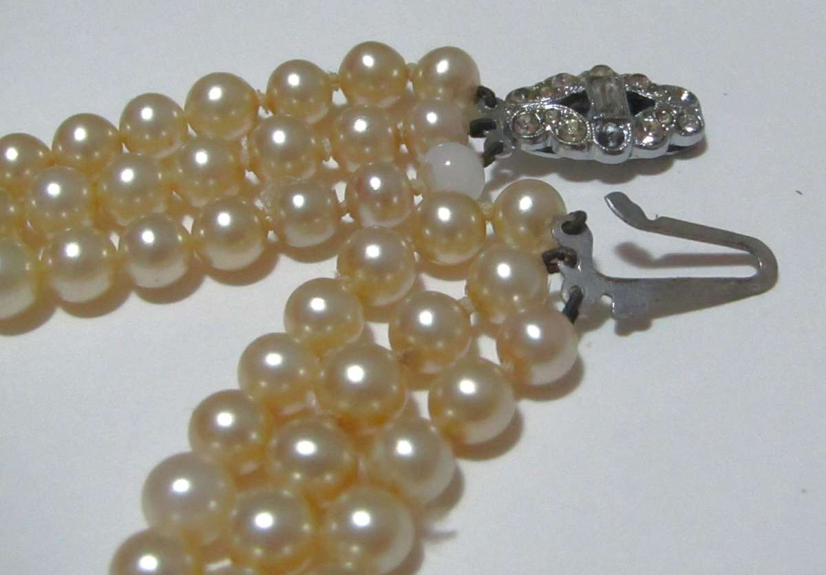 Vintage Three-Strand Faux Pearl Necklace with Silver-Tone Diamante Clasp